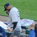 Yankees' pitcher CC Sabathia bows his head as he makes his way to the dugout after being taken out of the game in the bottom of the fourth  during Game 4 of the ALCS against the Yankees at Comerica Park in Detroit on Thursday. 